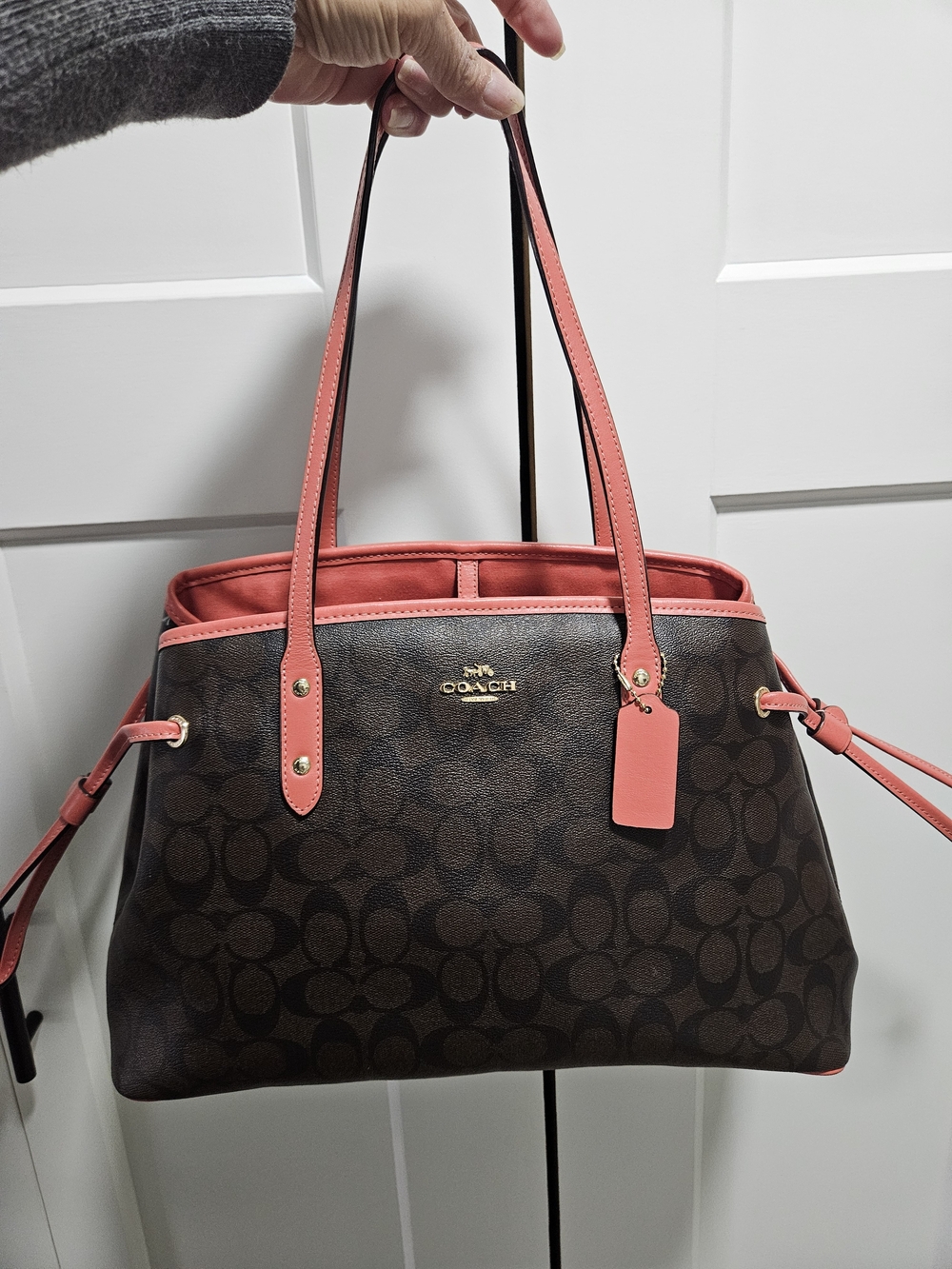 Coach Brown Signature Tote with Coral Trim